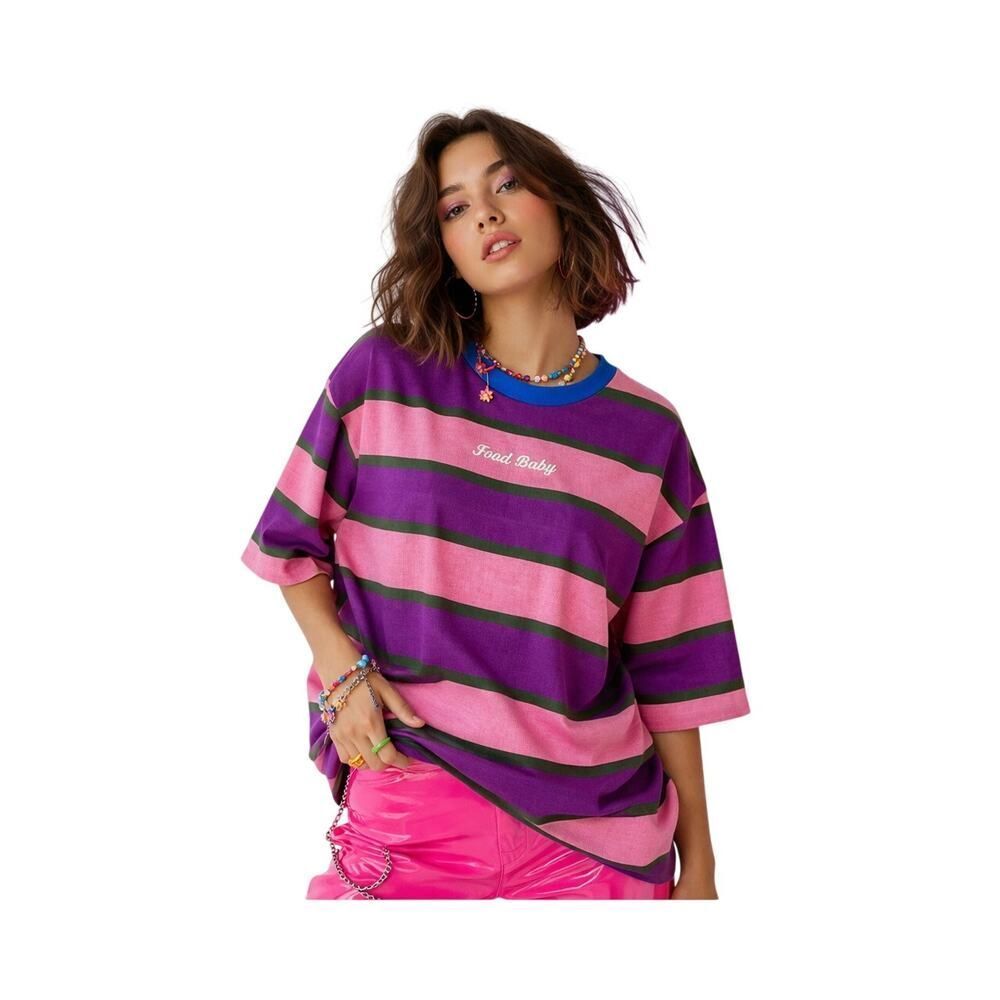 LAZY OAF Women's Food Baby Short Sleeve Striped Tee Shirt Pink Size Medium